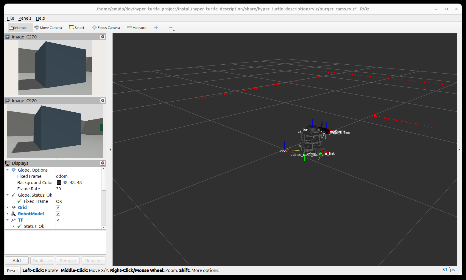 RViz2의 TF, LaserScan, 로봇 모델, 듀얼 카메라 패널